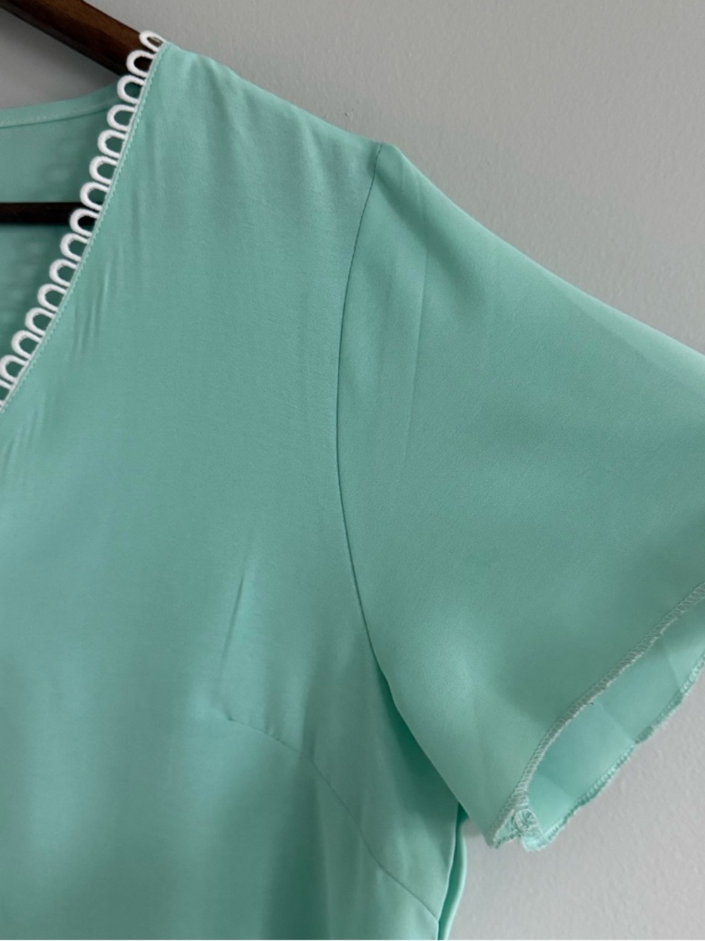 V-Neck Mint Short Sleeve Blouse with Loop Trim - Picture 4 of 10